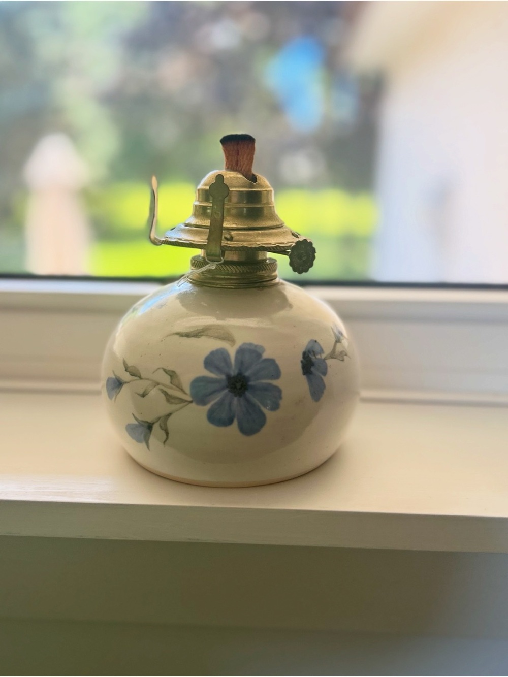 Ceramic Oil Lamp with Blue Floral Design